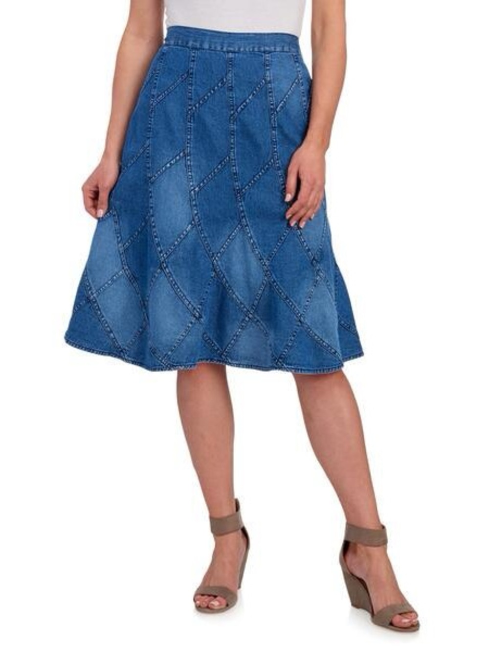 Studio West Blue Patchwork A-Line Denim Skirt